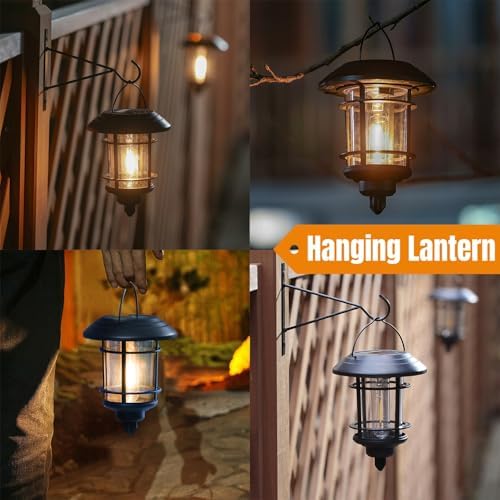 Dynaming 4 Pack Solar Lanterns Outdoor, Hanging Lantern Solar Garden Lights with Edison Bulb, Wall Mounted LED Light Auto On/Off, Waterproof for Garage Stair Patio Front Porch Yard, Warm White - Image 6