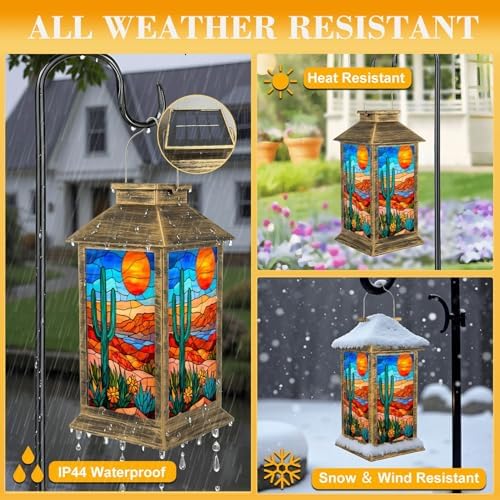 Solar Lantern Outdoor Waterproof Desert Landscape Stained Glass Cactus Sun Vibrant Southwestern Colors Garden Decor LED Hanging Solar Lights Tabletop Lamp Gifts for Women Mom Outside Yard Patio Porch - Image 3