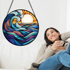 Sunset Ocean Waves Stained Glass Window Hanging Suncatcher Gifts 15" - Image 2