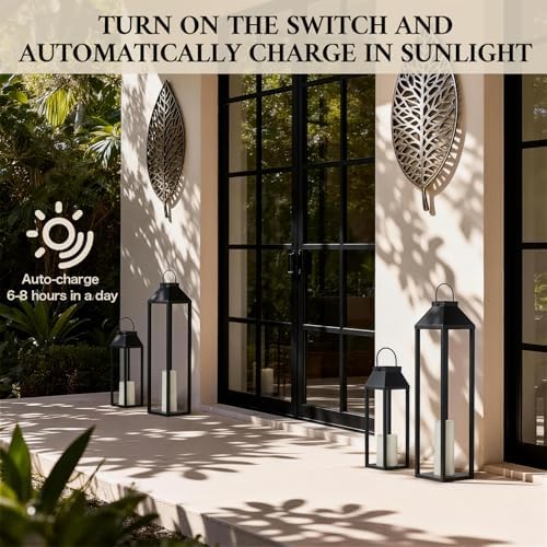 Large Outdoor Solar Lanterns Waterproof, Tall Farmhouse Black Metal Decorative Lanterns Solar Lights Outdoor for Front Porch Decor Outdoor Patio, Garden, Balcony, Porch, 27.6",16.3"-Set of 2 - Image 3