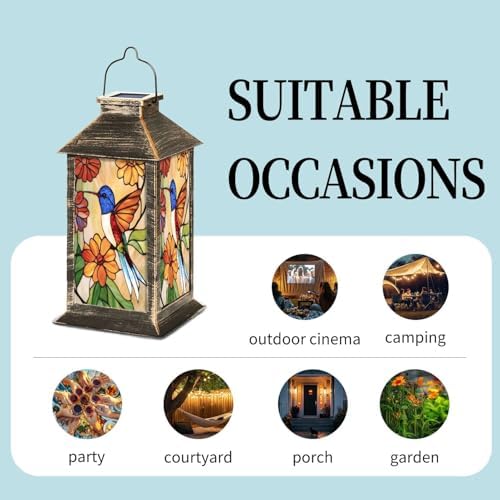 Solar Lantern Stained Glass Flowers Bird Window Decor Gifts Outdoor Waterproof Garden Hanging Lantern Solar Powered Lighting Outside Table Lamp for Patio Deck Camping 1 Pack - Image 5