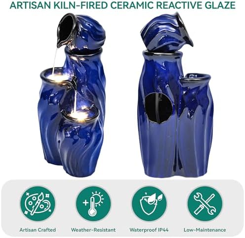 29" Ceramic Water Fountain Outdoor, 4-Tier Dynamic Wavy Design, LED - Image 4