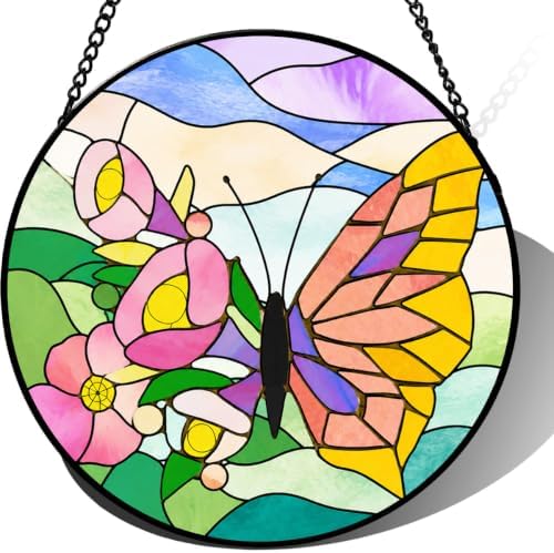 Butterfly Stained Glass Suncatcher Window Hanging with Pink Flowers Colorful Art Glass Home Decor Mother's Day Birthday for Mom Grandma Friend Garden Decor 9.8 Inch by Unknown