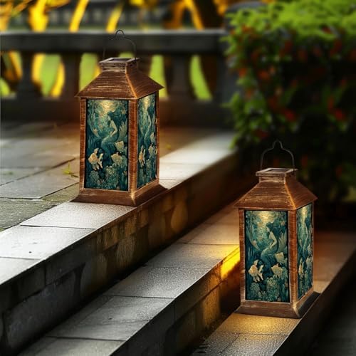 Solar Lantern Magical Mermaid Stained Glass Glowing Fish Soft Backlighting Garden Hanging Lantern Waterproof Solar Powered Lighting Outdoor Table Lamp for Deck Yard Camping Patio Nautical Decor - Image 6