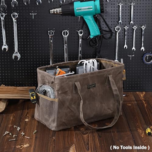 Tool Bag, Foldable Rectangular Hand Tool Storage Bag, 16OZ Waxed Canvas Tool Bag Case - with External Pockets + Sturdy Handles + Top Metal Bar - for Carpenter Repairman Gardener | Grey | 15"Lx7"Wx10"H - Image 6