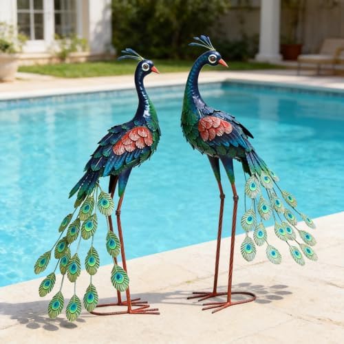 chisheen Garden Decor Outdoor Statues, Metal Peacock Decor for Outside, Garden Art Sculptures Standing for Patio Yard Lawn Home Decorations, Set of 2 - Image 3