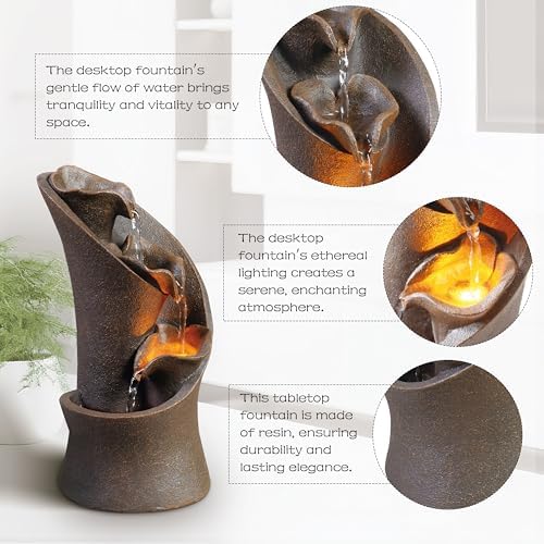 Kalona Tabletop Waterfall Fountain, 3-Tier Indoor Water Fountain for Home Office Decor, Relaxing LED Fountains with Artistic Stone-Look Design for Meditation (23005) - Image 3