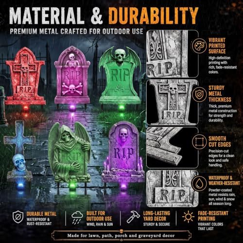 Aurelema 6 Pcs 17" Metal Halloween Tombstones with Light Decoration - Image 3