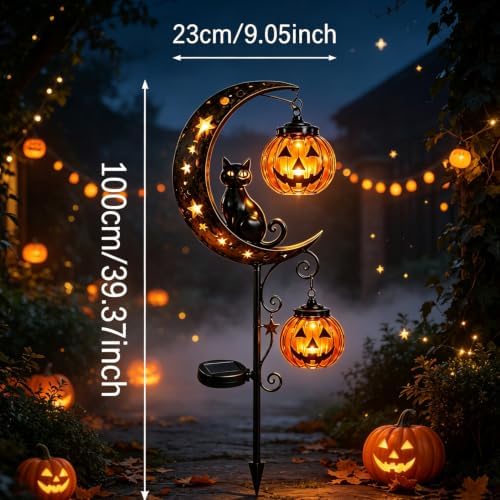 Solar Halloween Black Cat Pumpkin Stake Light Bats Stars Moon for Yard - Image 2