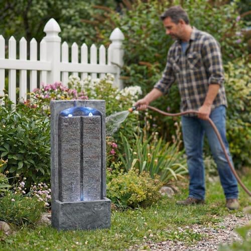 39" Modern Outdoor Water Fountain with LED Lights, Freestanding Waterfall - Image 5