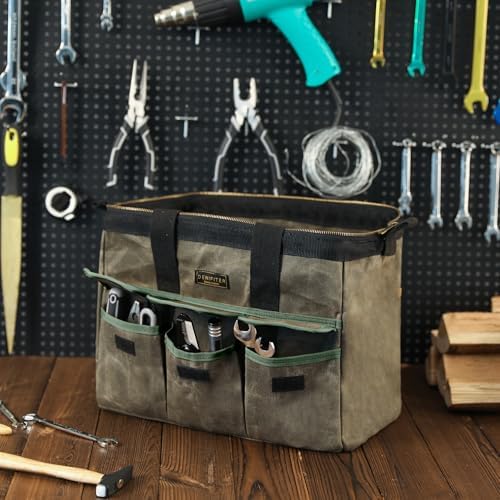 15 Inch Tool Bag, Heavy Duty Waxed Canvas Wide Mouth Water-Resistant Tool Pouch, Garden Tool Tote with 15 Pockets | ArmyGreen - Image 5