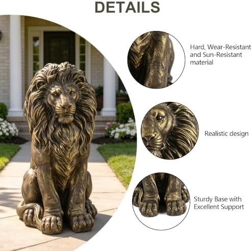 24" Outdoor Lion Statue Garden Sculpture Front Door Decor Antique Bronze - Image 2