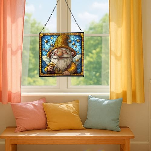Bee Keeper Gnome Stained Glass Suncatcher – Square Hanging Window Panel for Home or Greenhouse – Whimsical Glass Art Gift for Garden Lovers, Christmas, Halloween, Father Days sRuQKl - Image 5