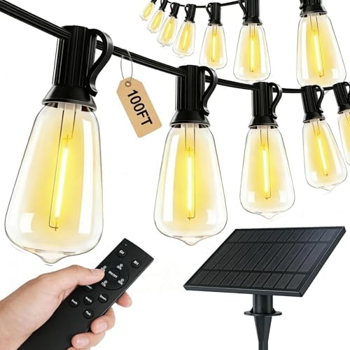 TW SHINE 100 FT Solar String Lights Outdoor, 31+2 LED Waterproof Shatterproof Bulbs with Remote Dimmable Timer, 3 Lighting Modes Patio Light for Garden Yard Wedding Party Holiday Decoration by TWSHINE