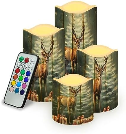 Jeiento Christmas Flickering Flameless Candles, Long Lasting Electric Fake Candles with Forest Reindeer Gift Pint,Remote Control Candles with 4/8 Hour Timer,Outdoor Flameless Candles Pack of 4 by Jeiento