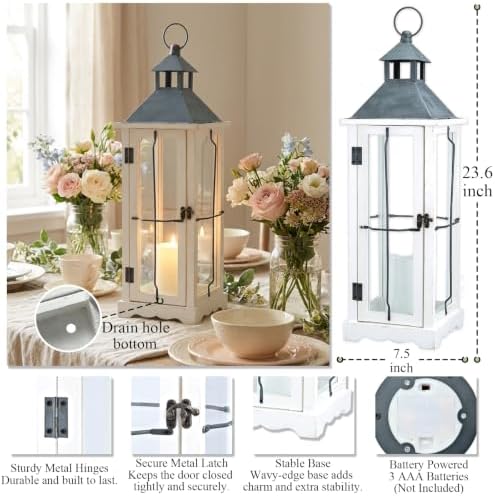 Bdor 26 Inch White Wooden Lantern with LED Candle for Indoor Outdoor Decor - Image 4