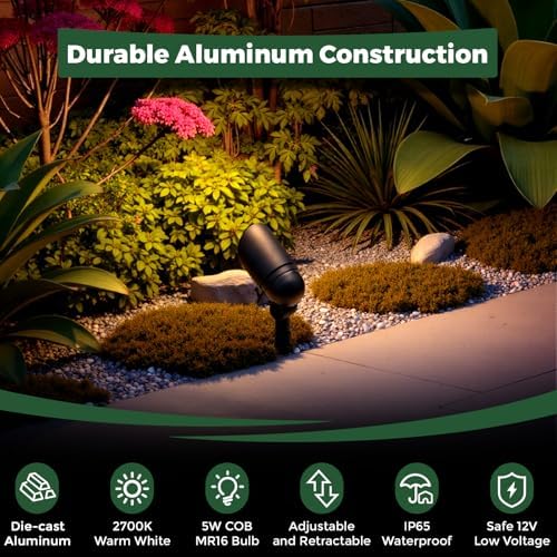 Gardencoin Low Voltage Landscape Spotlight, 12V LED Outdoor Landscape Lighting, Landscape Spot Lights Wired for Garden and Yard, Aluminum Up Lighting Fixture with 5W MR16 Replaceable Bulb (2 Pack) - Image 2