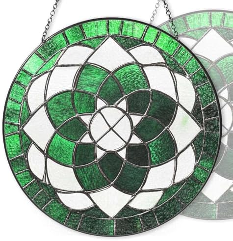 9.84 Inch Stained Glass Window Hanging Green Mandala Sun Catchers Emerald Green and White Pattern Suncatchers for Windows Hanging Stain Glass Decoration for Outdoor Indoor Window Decor Gift by Unknown