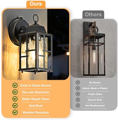 OKELI 2-Pack Dusk to Dawn Outdoor Wall Lights, Weatherproof Exterior Lighting Fixture Wall Mount, Aluminum Ripple Glass Porch Light, Anti-Rust Outside Wall Sconce for House, Garage(Black&Gold-Trim) - Image 3