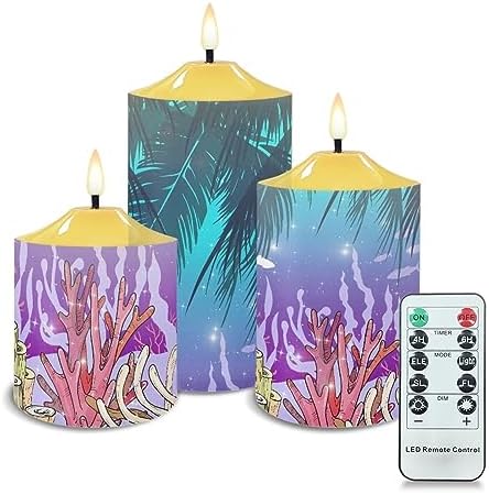 Cozeyat Flickering Flameless Candles with Timer, Seaweed Palm Leaf Scenery Print Flameless LED Candles Set of 3, Unscented Flameless Bullet Floating Candles for Party Decoration by Cozeyat