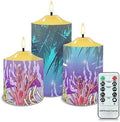 Cozeyat Flickering Flameless Candles with Timer, Seaweed Palm Leaf Scenery Print Flameless LED Candles Set of 3, Unscented Flameless Bullet Floating Candles for Party Decoration by Cozeyat
