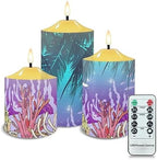 Cozeyat Flickering Flameless Candles with Timer, Seaweed Palm Leaf Scenery Print Flameless LED Candles Set of 3, Unscented Flameless Bullet Floating Candles for Party Decoration by Cozeyat