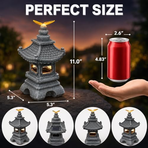 Solar Garden Statue Japanese-Style Pagoda Lantern with Butterfly Light, Waterproof Resin Zen Outdoor Decor for Patio Yard Lawn, Housewarming Gifts for Women - Image 2