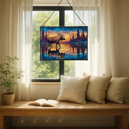 Moose Wading Through Shimmering Lake Rectangular Stained Glass Suncatcher – Hanging Window Panel with Animal & Nature Scene – Vibrant Glass Art Gift for Wildlife, Fantasy, Nature Lovers OAlBEX - Image 7