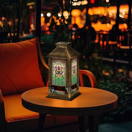 Solar Lantern Victorian Stained Glass Lotus Patterns Outdoor Waterproof Garden Hanging Lantern Solar Powered Lighting Outside Table Lamp for Patio Deck Camping 1 Pack - Image 7