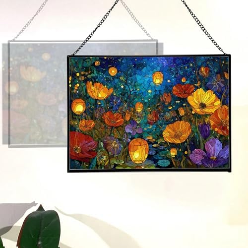Twilight Garden with Floating Lanterns Rectangular Stained Glass Suncatcher – Hanging Window Panel with Animal & Nature Scene – Vibrant Glass Art Gift for Wildlife, Fantasy, Nature Lovers W5RrUY - Image 3