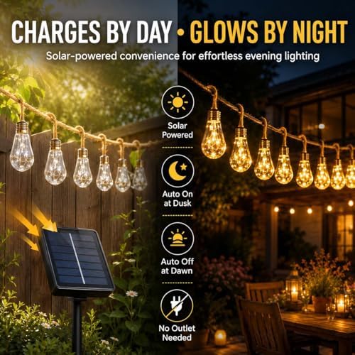 Solar String Lights Outdoor, 18Ft 10 LED Boho Rope Lights with Warm White Bulbs, Solar Powered Patio Lights with 8 Modes, Waterproof, for Garden Porch Decor (24, Warm White, 10m) - Image 3