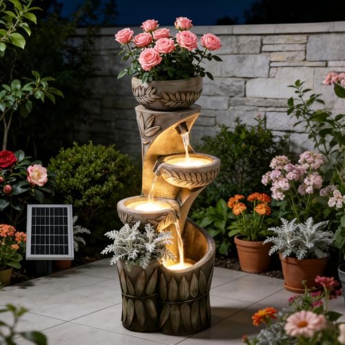 35.5" H Solar Water Fountain Outdoor with LED Lights, 4-Tier Cascading Garden Fountain with Planter Pots, Solar Powered Waterfall for Patio Yard Porch by Unknown