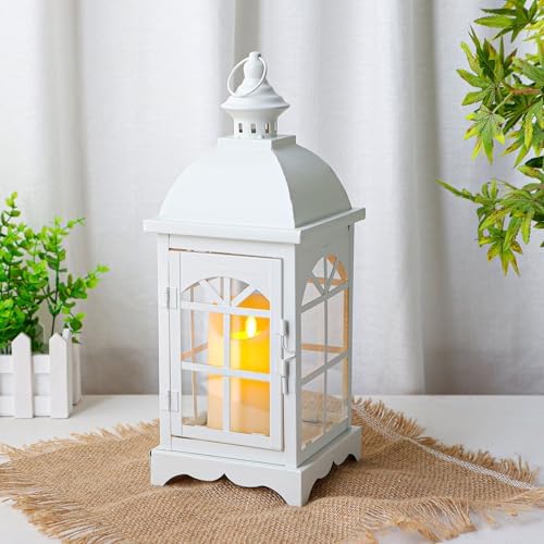 TRIROCKS Decorative Vintage Candle Lanterns 14.5" H Farmhouse Outdoor Hanging Lanterns with Tempered Glass for Porch, Balcony, Patio, Home, Centerpieces, Indoor, Outdoor(White) - Image 6