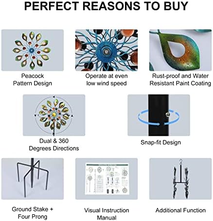 DIBIEECN Metal Outdoor Wind Spinners for Yard and Garden, Peacock, 78 Inch - Image 5
