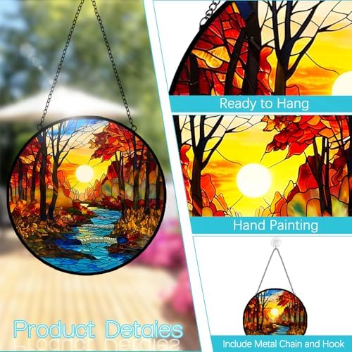 Fall Decor Sunrise Tree and River Landscape Stained Glass Suncatcher for Window Hanging - Handmade Mountains Sun Catchers Glass Panel Garden Decorations - Birthday Gifts for Women Men Mom Grandma - Image 2