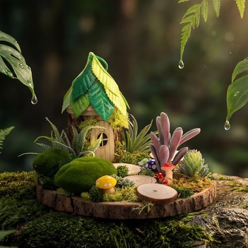 Amyhill DIY Fairy Garden Kit Make Your Own Wooden Mini House Craft Kit Miniature Fairy Garden Accessories Micro Mushrooms Plants Ornaments Craft for Outdoor Indoor Mini House Decor - Image 3