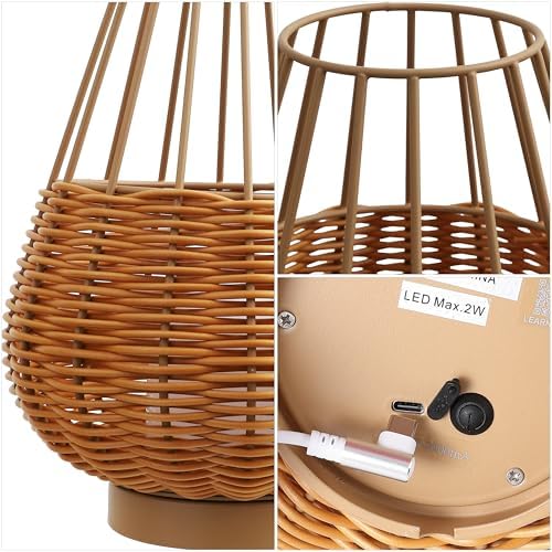 JONATHAN Y Elian 10" Faux Wicker Cordless Lamp, Light Brown, Set of 2 - Image 6