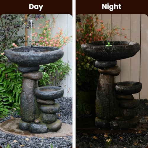 Solar Water Fountain for Bird Bath, Solar Powered Freestanding Water Feature with LED Lights, Multi-Tier Stacked Stone Bird Feeder & Planter for Yard, Porch and Outside Decor - Image 5