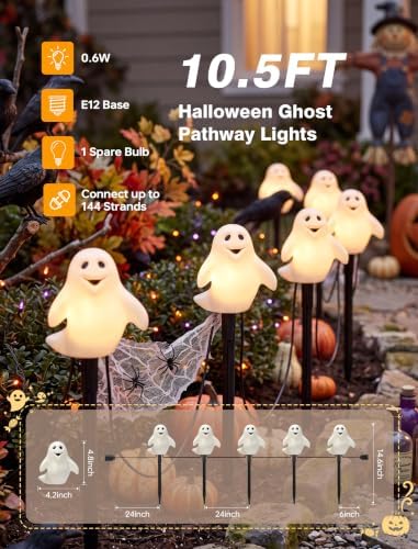 10.5FT Halloween Pathway Lights, 5PK LED Smiling Ghost Lights Outdoor - Image 2