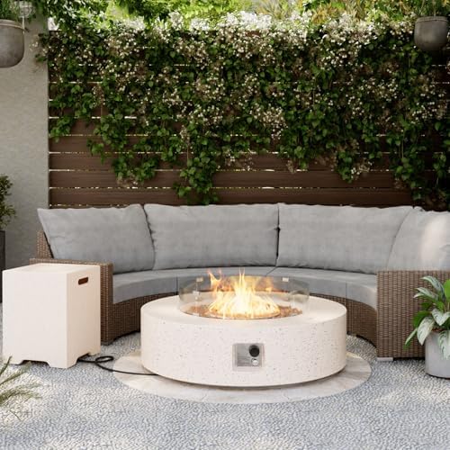 SUNBURY Outdoor 42 Inch Propane Fire Pit Table, 50000 BTU Spotted White Patio Gas Fire Table w Glass Wind Guard, Tank Table, Lava Rocks by SUNBURY