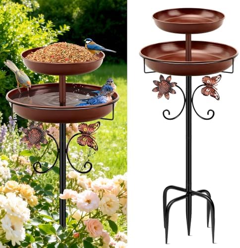 Daoeny Bird Bath for Outside, 42In Vintage Freestanding Birdbaths for Outdoors, Double Metal Bird Bath Feeder Bowls for Garden Patio Yard Lawn Decor, Upgraded 5-Pronged Base (Brown) by Daoeny