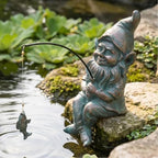 Garden Gnome Pond Statue Decoration, Fishing Copper Gnome Garden Statue Outdoor Koi Pond or Waterfall Decor, 9.7" Gnome Fishing Poolside Statue with Glow in Dark Pebbles Included, Great Gifts for Mom by GardenWhisper