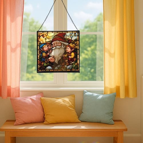 Gnome with Wisdom Sharing Stained Glass Suncatcher – Square Hanging Window Panel for Home, Garden, Nursery, Halloween, Christmas, Memorial Day – Whimsical Glass Art Gift for Gnome Lovers 8w975r - Image 5