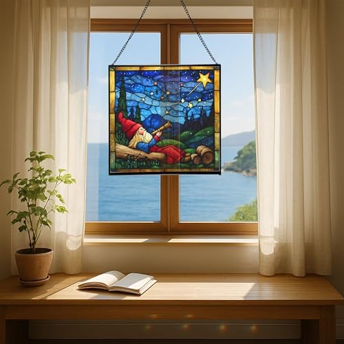 Gnome Stargazing Stained Glass Suncatcher – Square Hanging Window Panel for Home, Garden, Nursery, Halloween, Christmas, Memorial Day – Whimsical Glass Art Gift for Gnome Lovers 38qr0f - Image 6