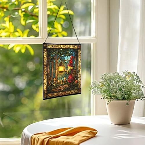 Gnome with Lantern Stained Glass Suncatcher – Square Hanging Window Panel for Home, Garden, Nursery, Halloween, Christmas, Memorial Day – Whimsical Glass Art Gift for Gnome Lovers qtaluf - Image 3