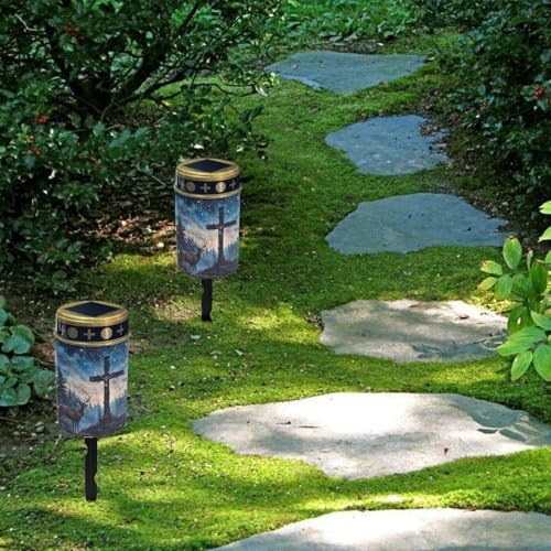 Poceacles 4 Pieces Cross Solar Powered Outdoor Lights Cemetery Solar Candle Solar Memorial Lights Outdoor Waterproof Landscape Lights for Yard Patio Lawn Outdoor Home Decor, Deer Cross Galaxy Blue - Image 4