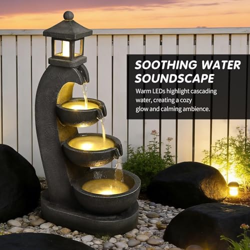 35'' Outdoor Japanese Stone Lantern Water Fountain with LED Lights,Garden Tranquil Pagoda Waterfalls Fountains Bowl for Patio Yard Porch Landscape - Image 5