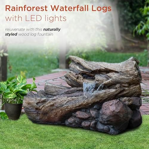Alpine Corporation 24" Tall Outdoor 2-Tier Fallen Tree Trunk Water Fountain with LED Lights, Rustic Cascading Design for Garden, Patio & Yard Decor, Beige - Image 4