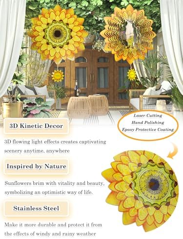 Sunflower Wind Spinners Outdoor Garden Decor for Outside - 12 Inch 3D Stainless Steel Metal Wind Spinners - Sunflower Gardening Gifts for Women, Yard Decorations Outdoor Hanging Decor - Image 4