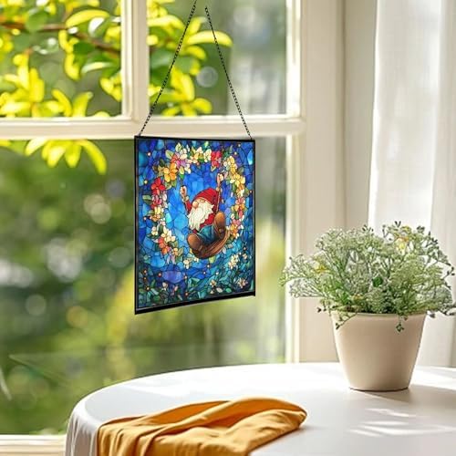 Wreath Swing Gnome Stained Glass Suncatcher – Square Hanging Window Panel for Home or Greenhouse – Whimsical Glass Art Gift for Garden Lovers, Christmas, Halloween, Father Days bAVpEF - Image 3